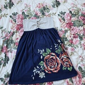 Y2K Strapless Navy Floral Dress | Rose Print Babydoll | Size L